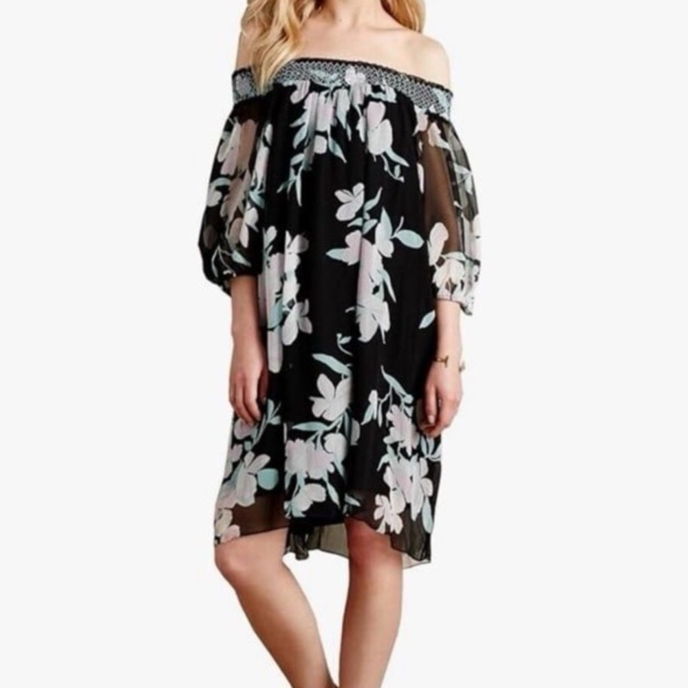 Maeve Anthropologie Paola 100% Silk Black Puff Sleeve Floral Flower Swing Dress